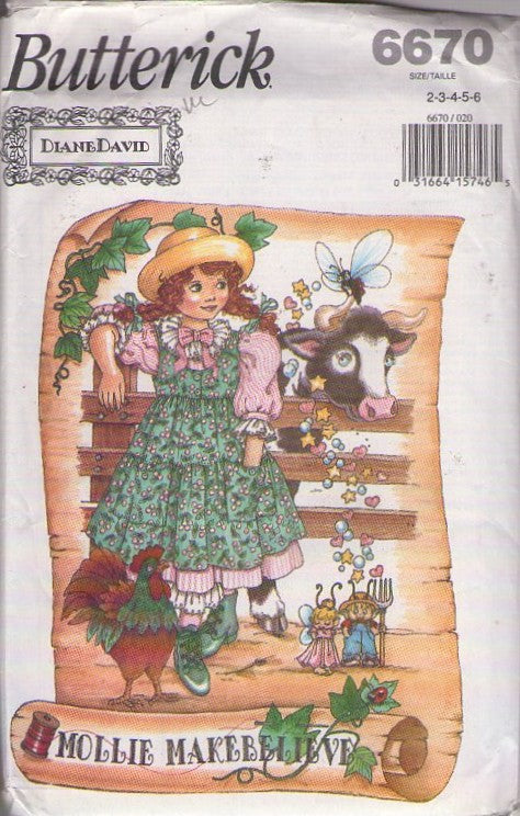 Butterick 6670 Vintage 90's Sewing Pattern Girls' Dress Set, Designer Diane David, Mollie Make Believe Cottagecore Farmcore Modest Dress, Pinafore Apron Jumper, Pantaloons Size 2-6 CUT