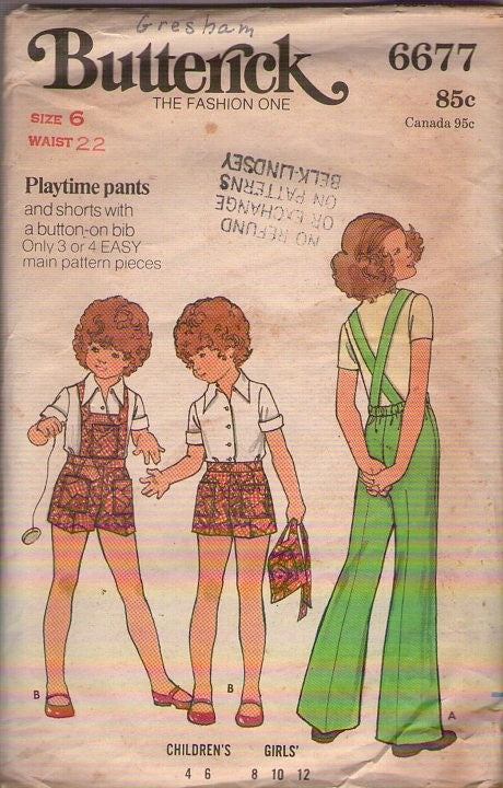 Butterick 6677 Vintage 70's Sewing Pattern Girl's Criss Cross Strap Bib Overalls, Shorts, Short Romper, Jumpsuit Size 6