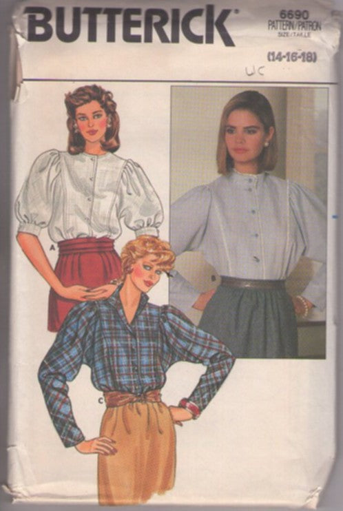 Butterick 6690 Vintage 80's Sewing Pattern Secretary Blouses, Big Dolman Batwing, Gibson Puff Sleeves, Farmcore Secretary Blouse 3 Styles Size 14-18