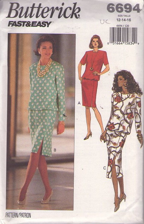 Butterick 6694 Vintage 90's Sewing Pattern Fast & Easy Blouson Dress Set, 3 Styles, Career, Party Size 12-16