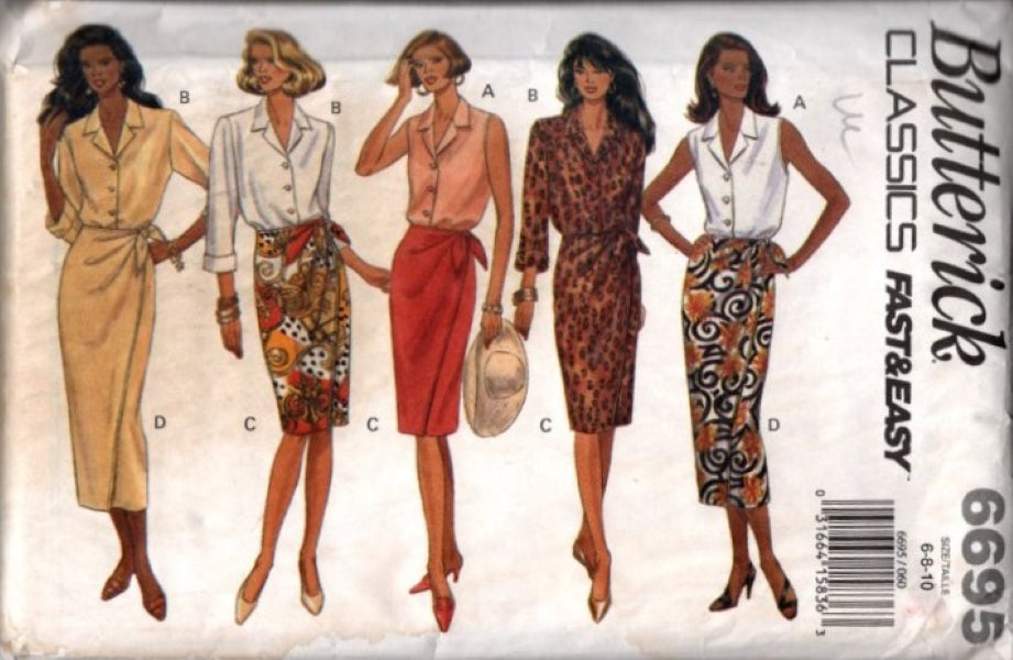 Butterick 6695 Vintage 90's Sewing Pattern Fast & Easy Classics 2 Piece Dress, Collared Blouse, Wrap Sarong Skirt Size 6-10