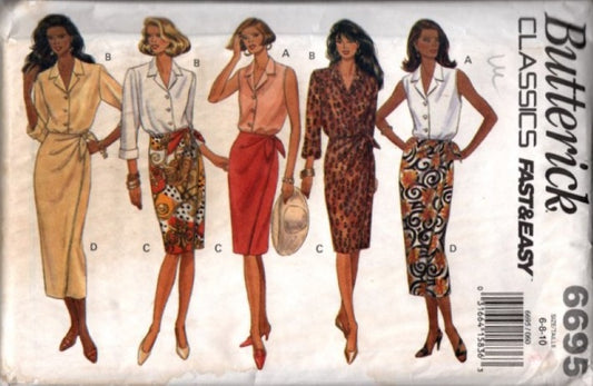 Butterick 6695 Vintage 90's Sewing Pattern Fast & Easy Classics 2 Piece Dress, Collared Blouse, Wrap Sarong Skirt Size 6-10