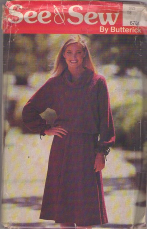 Butterick 6704 Vintage 80's Sewing Pattern Blouson Cowl Neck Shirt, Flared Skirt, 2 Piece Dress See & Sew Size 18