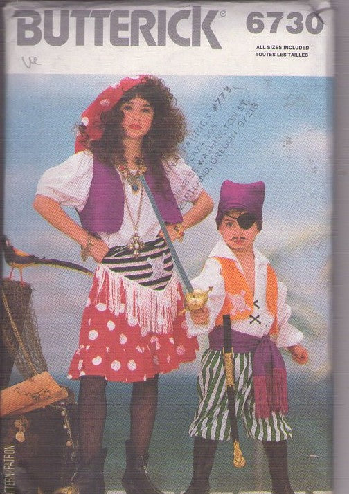 Butterick 6730 Vintage 80's Sewing Pattern Pirate Costumes, Kids' & Teen Gypsy, Blouse, Vest, Skirt, Pants, Kerchief & Sash with Fringe All Sizes 4-14