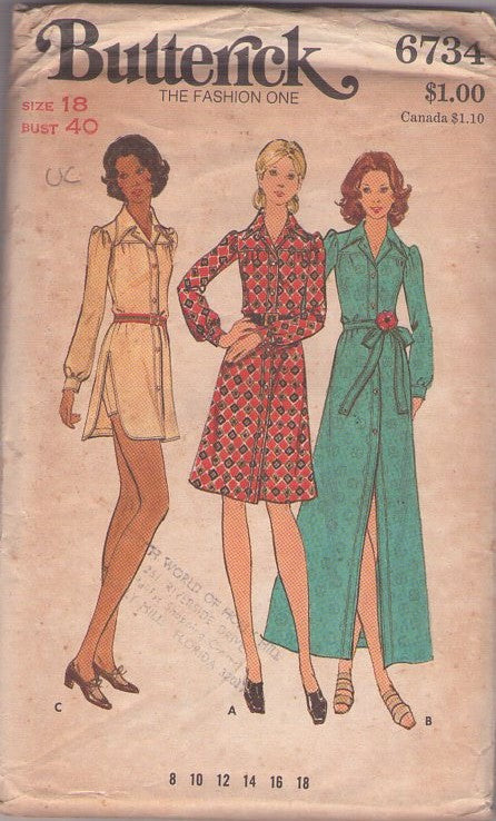 Butterick 6734 Vintage 70's Sewing Pattern Button Front Dress Set, Hot Pants Shorts, Side Slit Tunic Blouse, Button Band Secretary Dress, Hostess Maxi Gown Size 18