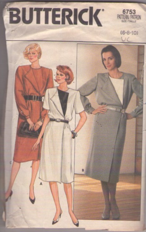 Butterick 6753 Retro 90's Sewing Pattern Mock Wrap Skirt Dress, Foldover Triangular Front Secretary Dress 3 Styles Size 6-10