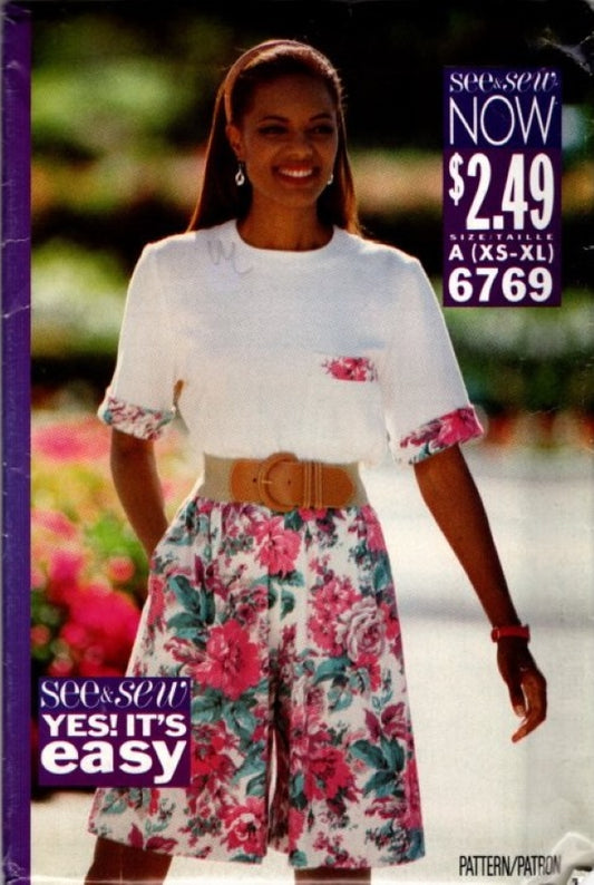 Butterick 6769 Vintage 90's Sewing Pattern See & Sew Easy Pullover Top, Modest Shorts Size XS-XL