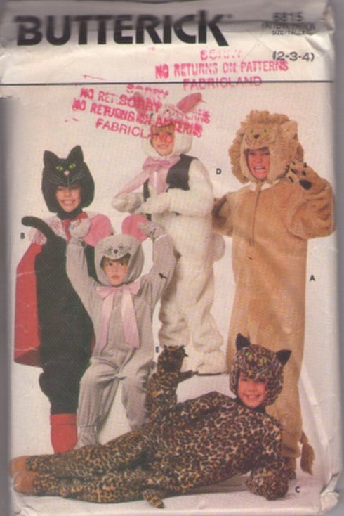 Butterick 6815 Vintage 80's Sewing Pattern Toddler Costumes, Boys' & Girl's Faux Fur Animal Jumpsuit Costumes, Caped Super Cat, Mouse, Ralphie Christmas Story Bunny, Leopard, Lion Size 2-4