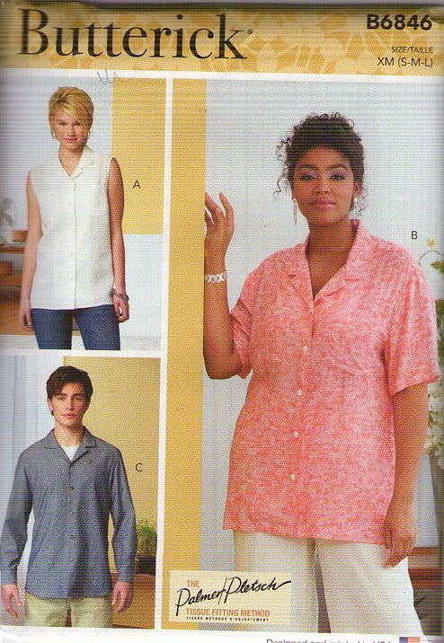Butterick 6846 Retro 2021 Sewing Pattern Men's & Women's Shirt, Blouse Set, Unisex, Casual, 3 Styles Size S-L