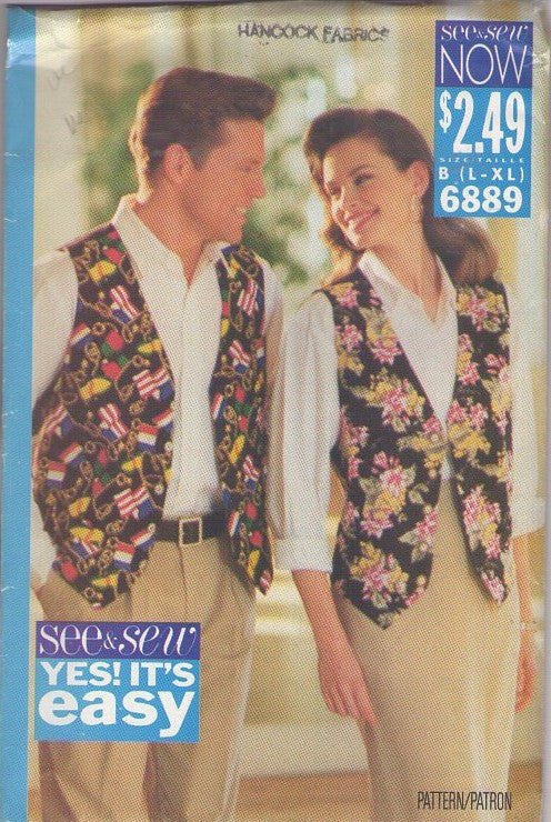 Butterick 6889 Vintage 90's Sewing Pattern Matching Vests Set, SNL Kat and Garth Singing Duo Costume Idea, Custom Fabric Vest Size L-XL
