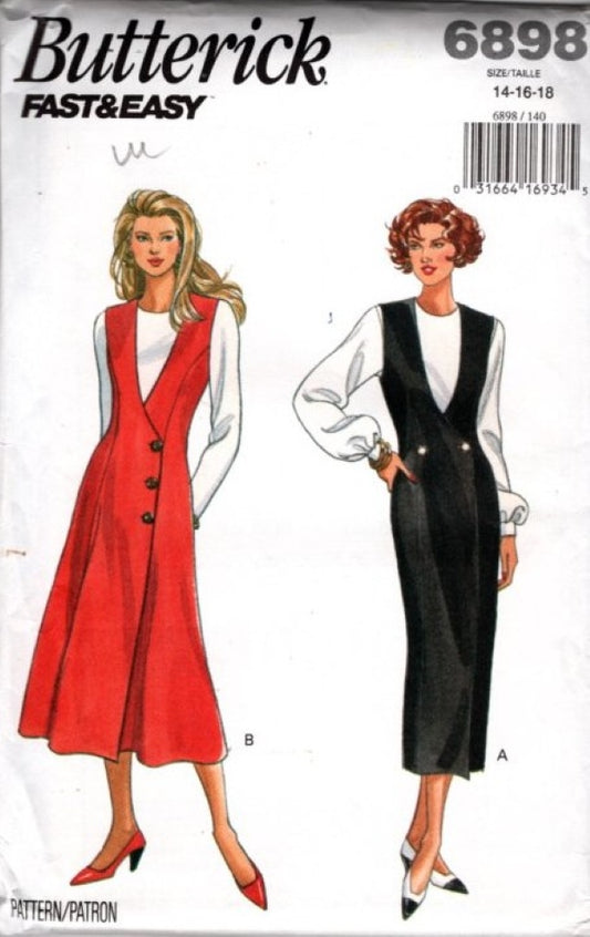 Butterick 6898 Vintage 90's Sewing Pattern Fast & Easy Wrap Front Jumper Dress, Deep V, Sheath or Flared Size 14-18