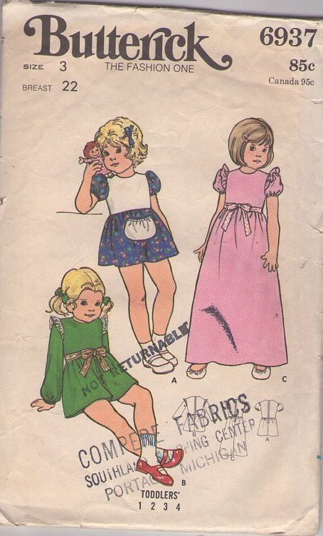Butterick 6937 Vintage 70's Sewing Pattern Girls' Dress Set, Pouch Pocket School Party Dress, Long Gown, 3 Styles Size 3