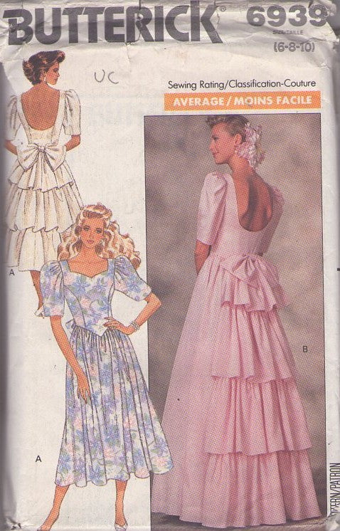 Butterick 6939 Vintage 80's Sewing Pattern Formal Gowns, New Wave, Garden Party or Beach Wedding Scoop Back, Basque Waist, Princess Seams Dress, Rear Tiered Bustle Flounces Size 6-10