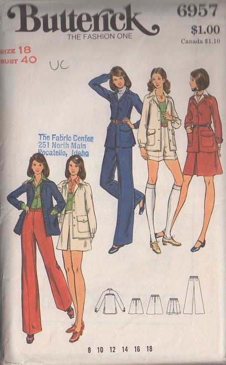 Butterick 6957 Vintage 70's Sewing Pattern Mod Separates, Flap Pockets Shirt Jacket, Front Pleat Skirt, Fly Front Shorts, Pants Size 18