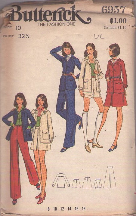 Butterick 6957 Vintage 70's Sewing Pattern Mod Separates, Flap Pockets Shirt Jacket, Front Pleat Skirt, Fly Front Shorts, Pants Size 10