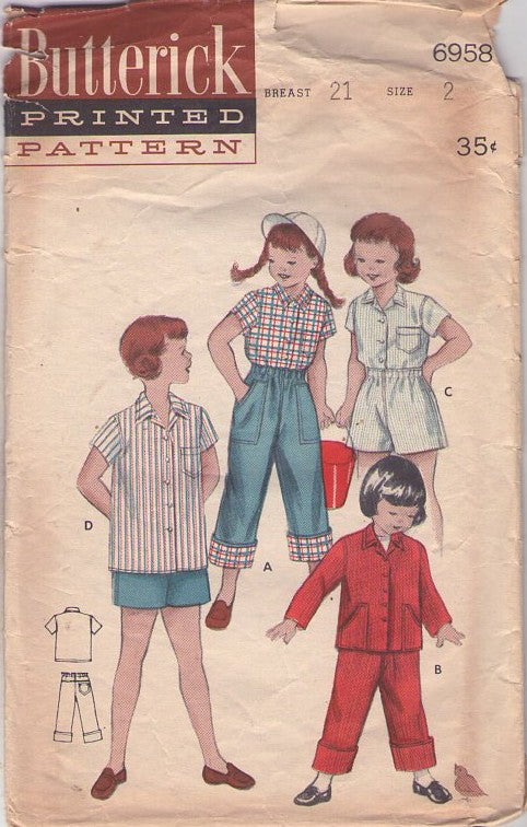 Butterick 6958 Vintage 50's Sewing Pattern Girls' Separates, Mix & Match Dungarees, Blouse, Shirt Jacket, Shorts, BIG CUFFS Pants Size 2