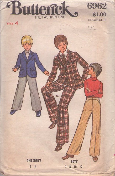 Butterick 6962 Vintage 70's Sewing Pattern Boys' Leisure Suit, Napoleon Dynamite Blazer Jacket, Fly Front Pants Size 4
