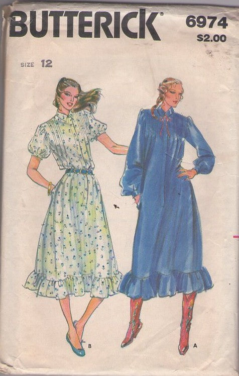 Butterick 6974 Vintage 80's Sewing Pattern Prairie Dress, Loose Fit, Hem Ruffle, Pleats, Secretary Styles Size 12