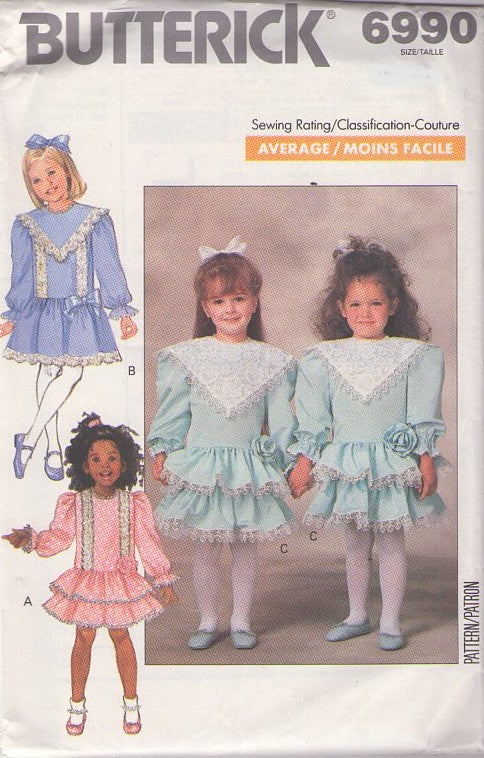 Butterick 6990 Vintage 80's Sewing Pattern Girls' Dress Set, Modest Fancy Lace Collar, Victorian Style Drop Waist, Ruffled Tier Skirt, The Shining Twins Size 5-6X