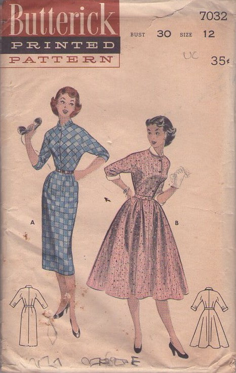 Butterick 7032 Vintage 50's Sewing Pattern Teen Dress Set, Petite Cut In One Kimono Sleeve Sheath or Full Skirt Shirtwaist Day Dress, 2 Styles Size 12
