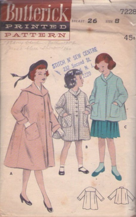 Butterick 7228 Vintage 50's Sewing Pattern Girls' Coat & Jacket Set, Swing Back Shawl Collar Jacket or Sailor Collar Coat Size 8