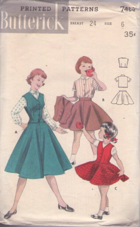 Butterick 7414 Vintage 50's Sewing Pattern Girls' School Separates, Peter Pan Collar Blouse, Circle Skirt, Weskit Vest Size 6