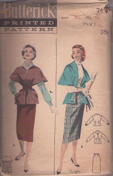 Butterick 7483 Vintage 50's Sewing Pattern Secretary Blouse, Sheath Skirt, Poncho Cape Shawl, Smart Threesome Size 16