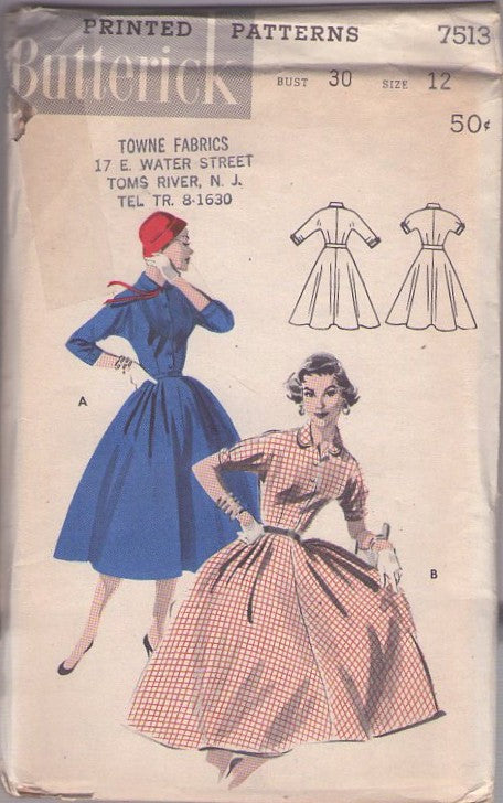 Butterick 7513 Vintage 50's Sewing Pattern Teen Dress Set, Center Seamed Dolman Sleeve Shirtwaist Rockabilly Day Dress with Full Pleated Skirt, 2 Styles Size 12