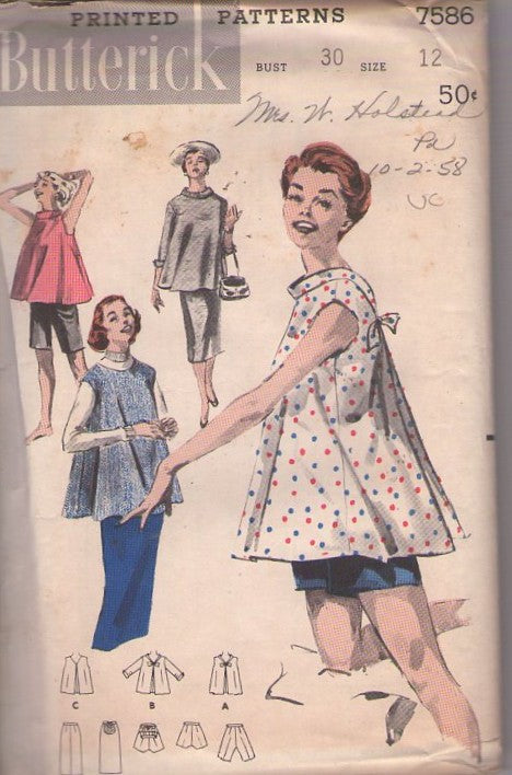 Butterick 7586 Vintage 50's Sewing Pattern Summer Separates, Rockabilly Lucy, Flared Tent Smock Top, Blouse, Kangaroo or Flap Bermuda Shorts, Pencil Skirt Size 12
