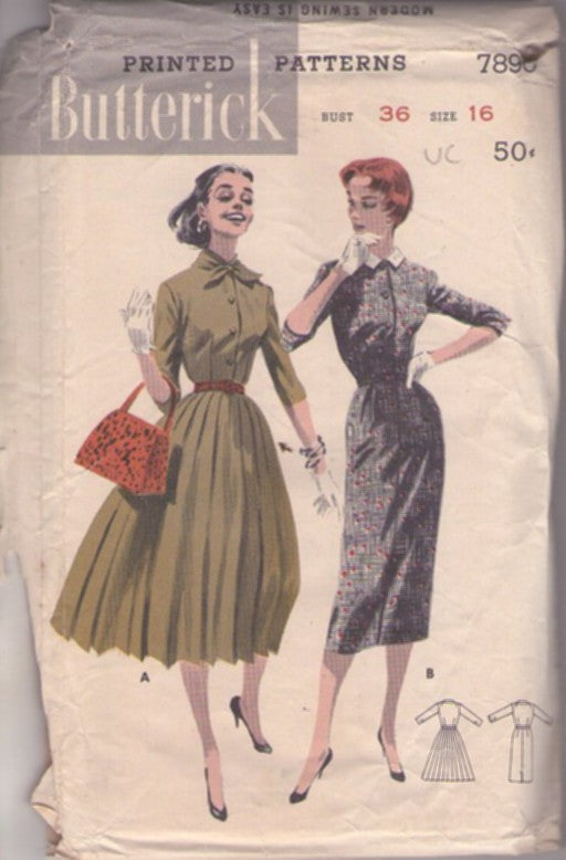 Butterick 7890 Vintage 50's Sewing Pattern Day Dress Set, Marvelous Mrs. Midge Maisel, Rockabilly LUCY Shirtwaist Day Dress, Sunburst Knife Pleats or Sheath Pencil Skirt, 2 Styles Size 16