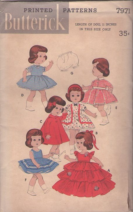 Butterick 7971 Vintage 50's Sewing Pattern Doll Clothes, 11" Littlest Angel Doll Wardrobe Jumper, Dress, Tiered Ball Gown, Coat, Bolero, Jumper, Panties, Attached Petticoat