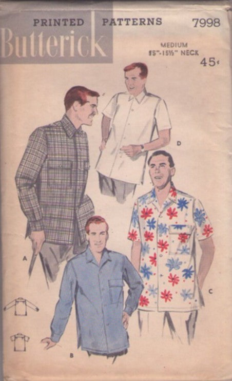 Butterick 7998 Vintage 50's Sewing Pattern Men's Shirts, Joel Maisel, Don Draper Rockabilly Summer or Winter Short or Long Sleeve Shirt Set 4 Styles Size M