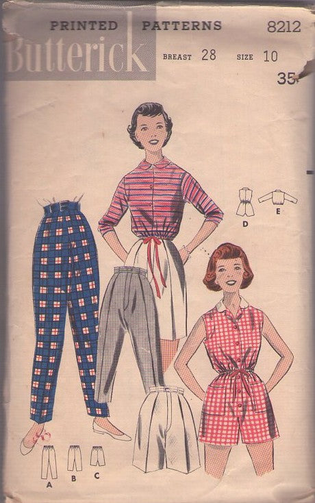 Butterick 8212 Vintage 50's Sewing Pattern Girls' Sportswear, Rockabilly Hairspray Fly Front Shorts, Capri Knee Knockers Pants, Slacks, Pedal Pushers & Romper, Sunsuit, Playsuit Size 10