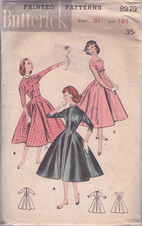 Butterick 8279 Vintage 50's Sewing Pattern Teen Girls' Dress Set, Fancy Fit & Flared Princess Seams Party Dress, 3 Fancy Styles Size 12S