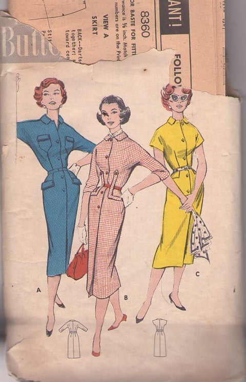 Butterick 8360 Vintage 50's Sewing Pattern Rockabilly Step In Spectator Sheath Dress, Tab Bands, Pockets Size 16