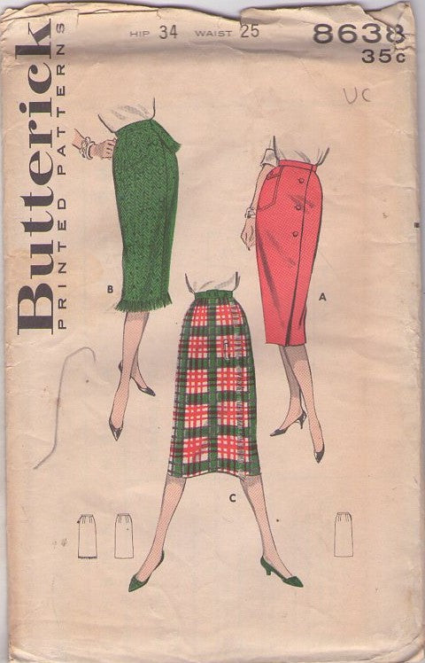 Butterick 8638 Vintage 50's Sewing Pattern Rockabilly Skirts, Mad Men, 1 Yard Wonder, Wrap Around Fringe Trim Kilt Skirt, Sheath, Pocket Waist 25