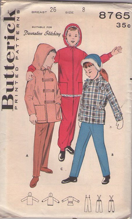 Butterick 8765 Vintage 50's Sewing Pattern Girls' & Boys' Snowsuit, Hooded Jacket with Zip, Toggles, Suspender Snow Pants Size 8 CUT