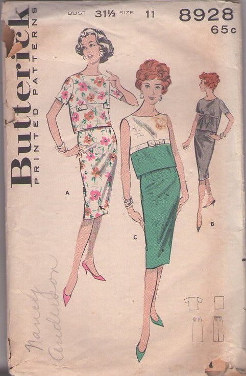 Butterick 8928 Vintage 50's Sewing Pattern Juniors 2 Piece Dress, Crop Top Blouse, Slim Sheath Skirt Size 11