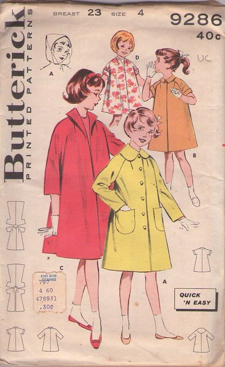 Butterick 9286 Vintage 60's Sewing Pattern Girls' Coat Set, Quick & Easy, Rockabilly Hairspray Era Jacket or Coat in 4 Styles Size 4