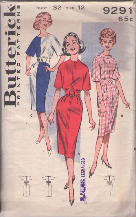 Butterick 9291 Vintage 60's Sewing Pattern Colorblock Dress Set, Contrast Panels Color Block Mondrian Look Day Dress, 3 GREAT Styles Size 12