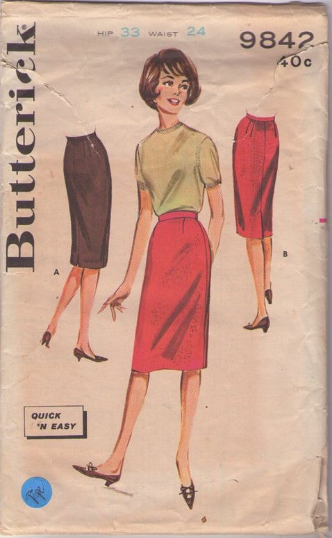 Butterick 9842 Vintage 60's Sewing Pattern Quick & Easy Skirts, Office Secretary Sheath Skirt, 2 Styles Waist 24