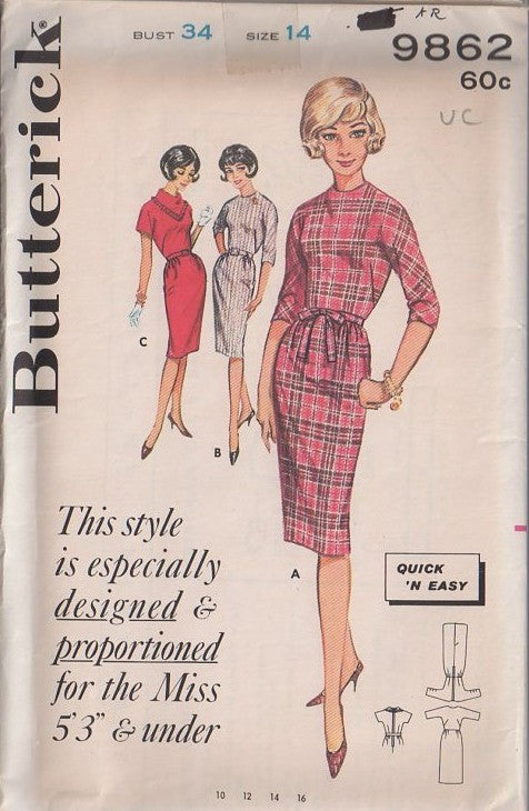 Butterick 9862 Vintage 60's Sewing Pattern Sheath Dress, Curve Hugging Quick & Easy Petite Proportioned Petite Sheath Dress, 3 Styles Size 14