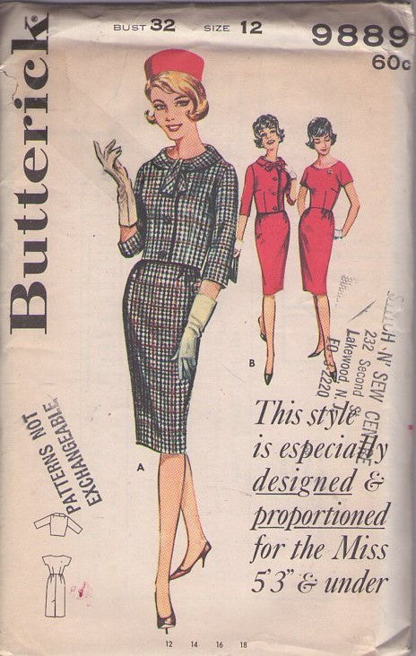 Butterick 9889 Vintage 60's Sewing Pattern Cocktail Dress, Cropped Jacket, Jackie O Look, Proportioned Size 12