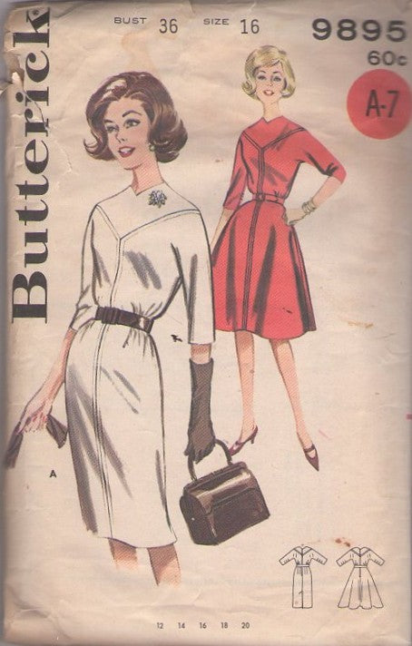 Butterick 9895 Vintage 60's Sewing Pattern Y Yoked Dress, Sheath or Flared Styles Size 16