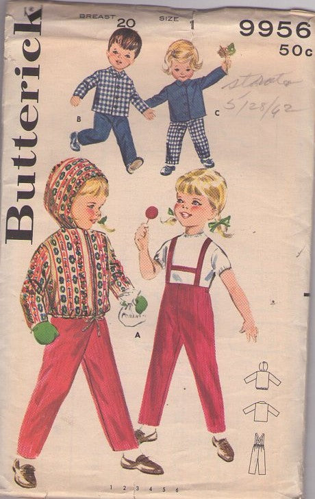 Butterick 9956 Vintage 60's Sewing Pattern Boys' & Girls' Sportswear, Shirt Jacket, Hooded Drawstring Coat, Suspender Pants Size 1