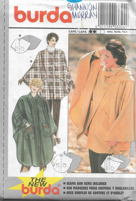 Burda 3324 Vintage 90's Sewing Pattern Circle Cape, Sports Poncho, Cloak, Easy Outerwear Size 8-22