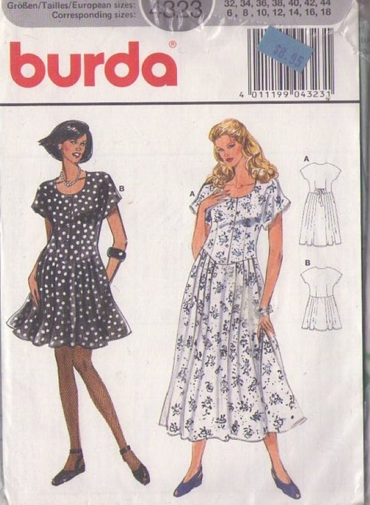 Burda 4323 Vintage 90's Sewing Pattern Basque Waist Summer Dress, Party Short or Tea Length Cottagecore Size 6-12