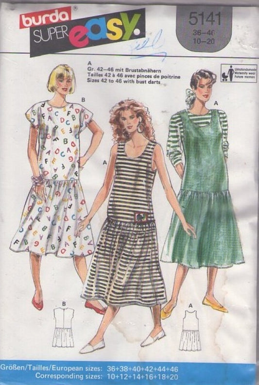 Burda 5141 Vintage 90's Sewing Pattern Super Easy Drop Waist Jumper, Tank Dress, Pullover Dress Set, Bump Friendly Size 10-20