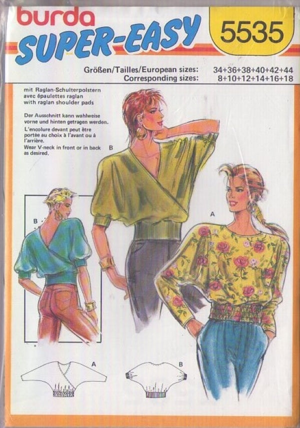 Burda 5535 Vintage 80's Sewing Pattern Super Easy New Wave Batwing Blouse, Surplice Faux Wrap, Smocked Waist, 2 Styles Size 8-18