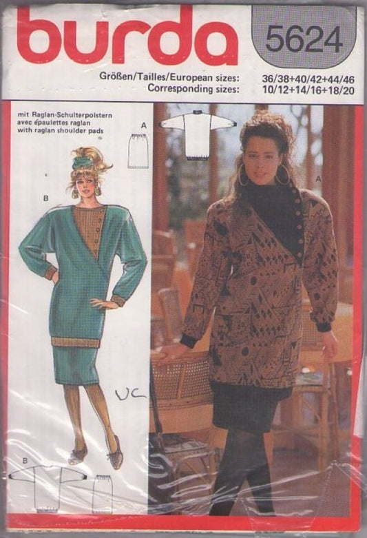 Burda 5624 Vintage 80's Sewing Pattern New Wave Suit Dress, Longline Pullover Sweater Top Blouse, Sheath Skirt Set Size 10-12